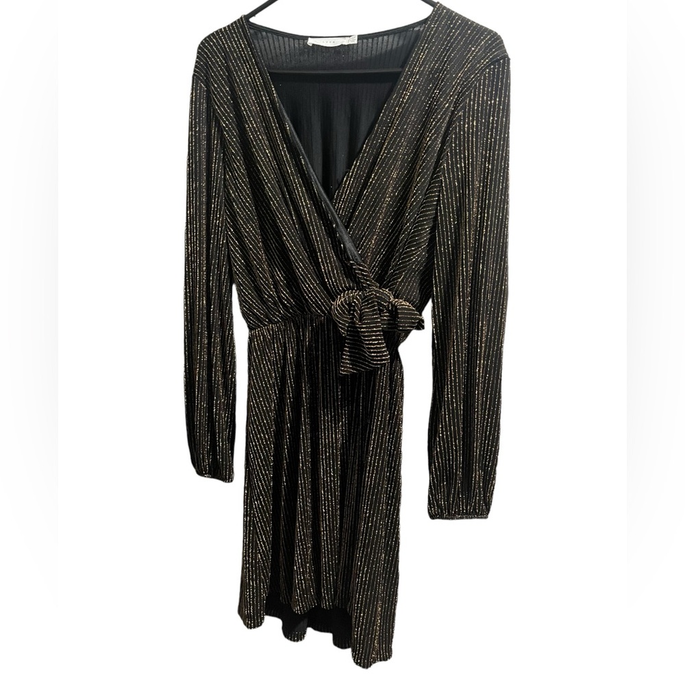 EUC LUSH Gold and Black Striped Long Sleeve Tie-Front Dress